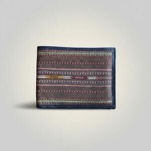 Vintage Handmade Woven Textile Navy Leather Wallet Billfold Gift Him
